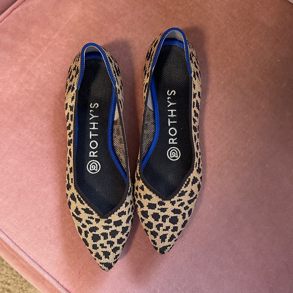 Rothy's Black and Tan Cheetah Patterned Pointy Toe Flats